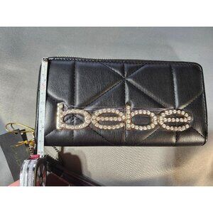 adult unisex BEBE ZAZA RHINESTONES BLING DESIGN ZIP AROUND WRISTLET WALLET - 4"